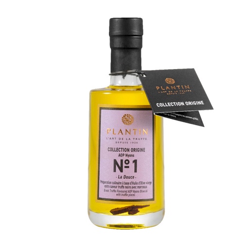 [1262] Huile d'olive AOP Nyons - aromatisée truffe noire avec morceaux - 100ml PLANTIN