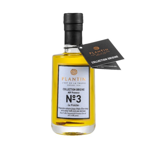 [1264] Huile d'olive AOP Provence - aromatisée truffe noire avec morceaux - 100ml PLANTIN